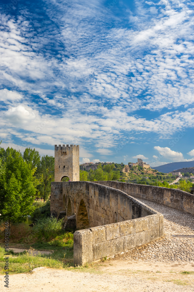 stone bridge over Ebro river in Frias, Burgos province, Castilla Leon, Spain