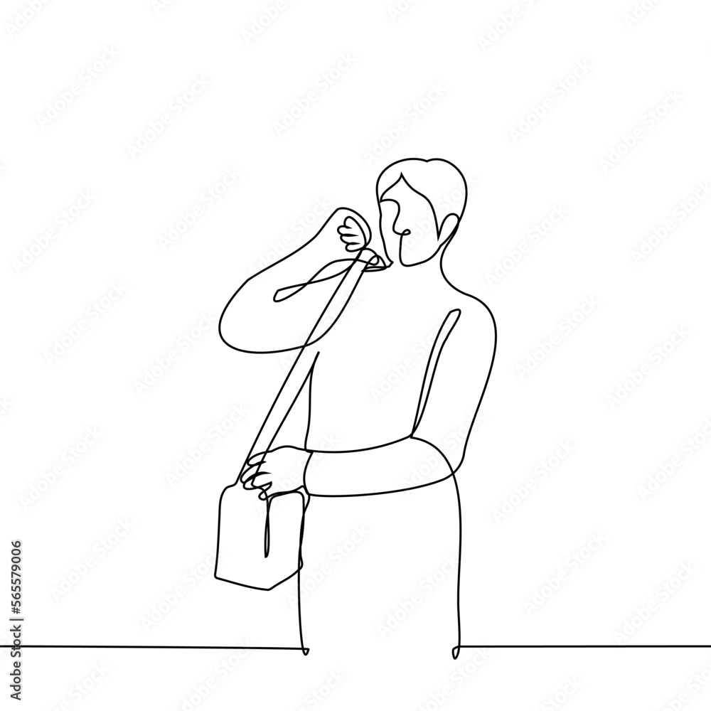 man with long-handle bag - one line drawing vector. concept courier, postman man with long-handle bag - one line drawing vector. concept courier, postman