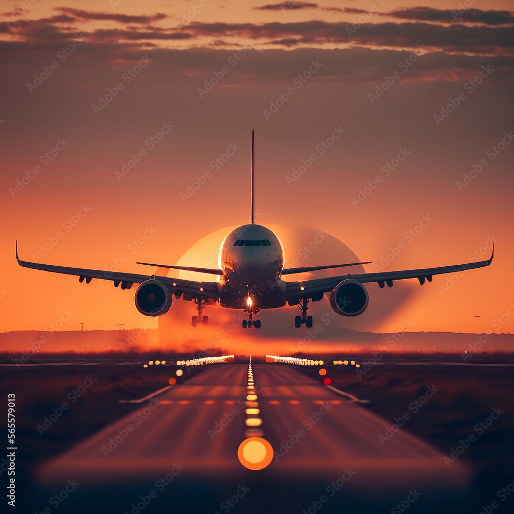 Naklejka premium airplane landing at sunset, generative AI