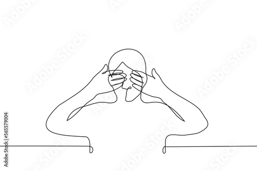 man closes eyes with palms - one line drawing vector. concept blindness, unwillingness to face the truth, avoid reality