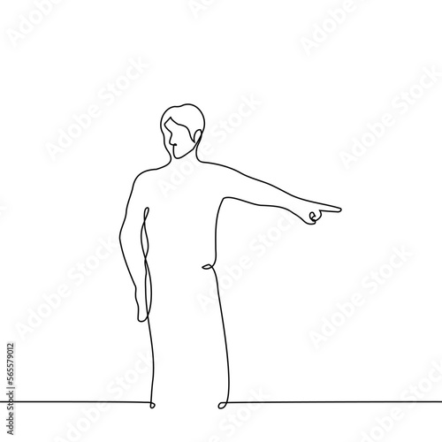 man pointing his finger off frame - one line drawing vector. concept to translate arrows, to blame someone, to catch in a hurry