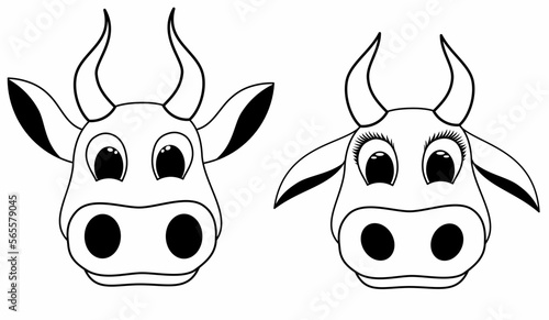 set girl and boe face or head cute cartoon cow icon. Hand drawn doodle style logo illustration.