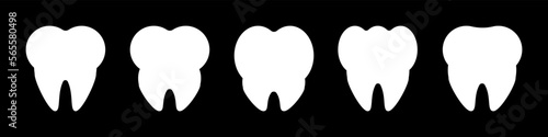 White tooth icon set. Teeth dentist icons flat sign, symbol. Vector illustration isolated on black background.