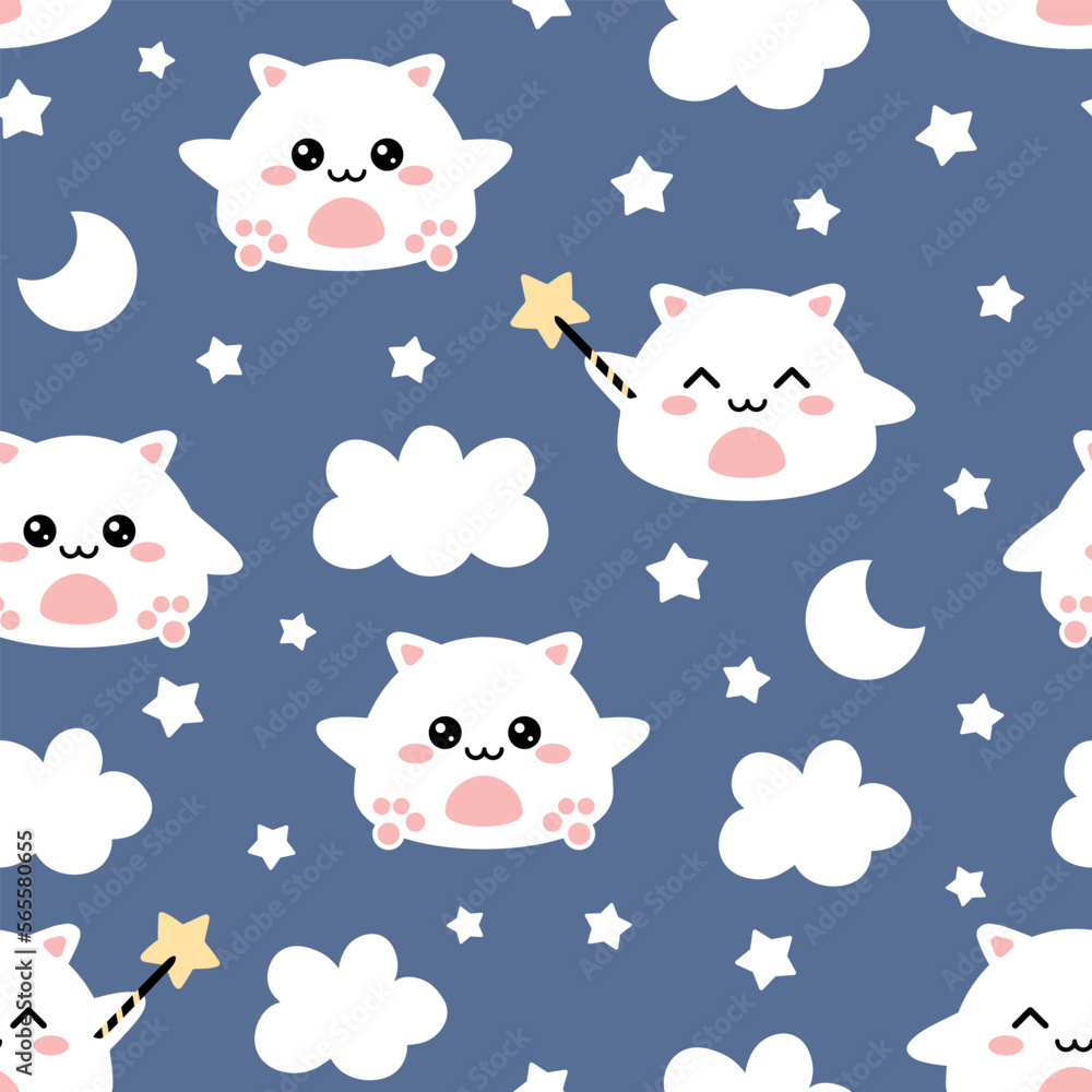 Cute pajama print design for baby girl and boy. Blue sky with stars and clouds kawaii kitten seamless pattern for fabric and textile.