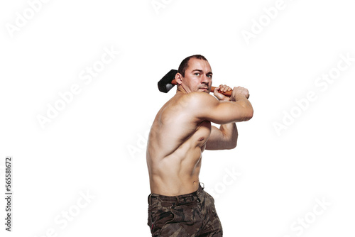 Φωτογραφία Strong man with naked torso who swings a sledgehammer while isolated on white ba
