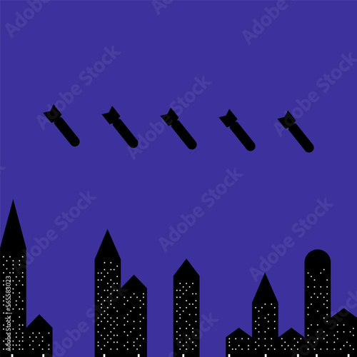 Flying missiles over the city. Bombing icon. Stop the war. peace in Ukraine