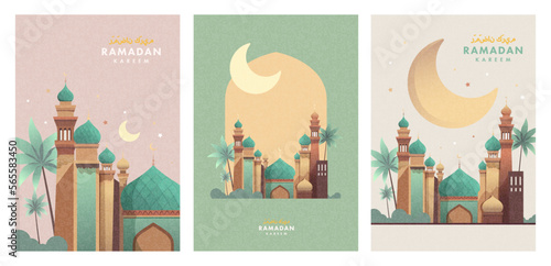 Ramadan Kareem Set of posters  cards  holiday covers. Arabic text translation Ramadan Kareem. Modern beautiful design in pastel colors with mosque  moon crescent  stars in the sky  arches window