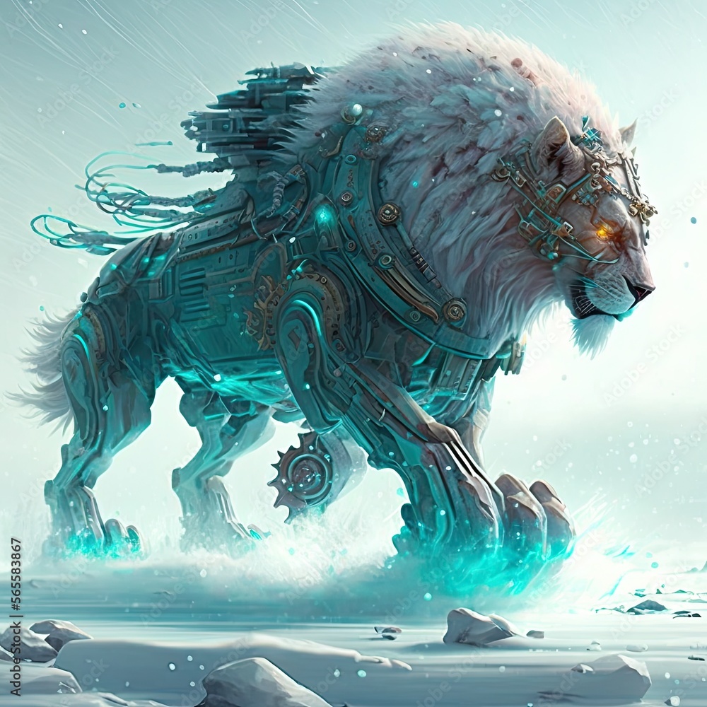 Robot lion king in snow, future fantasy war lion in winter, generative ai  Stock Illustration | Adobe Stock