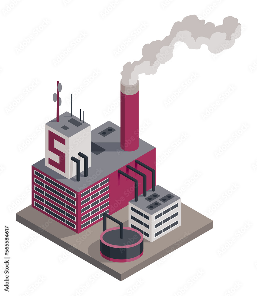 Factory isometric. Architecture of manufactures house. Industrial bulding. 3d isolated icon. Concept of industrial working plant with chimney pipe tower