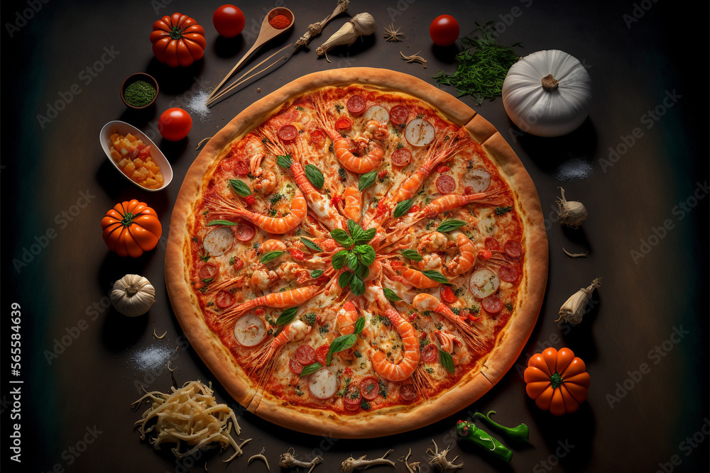 Seafood Pizza, Tomato sauce, mozzarella cheese, shrimp, crab, herbs