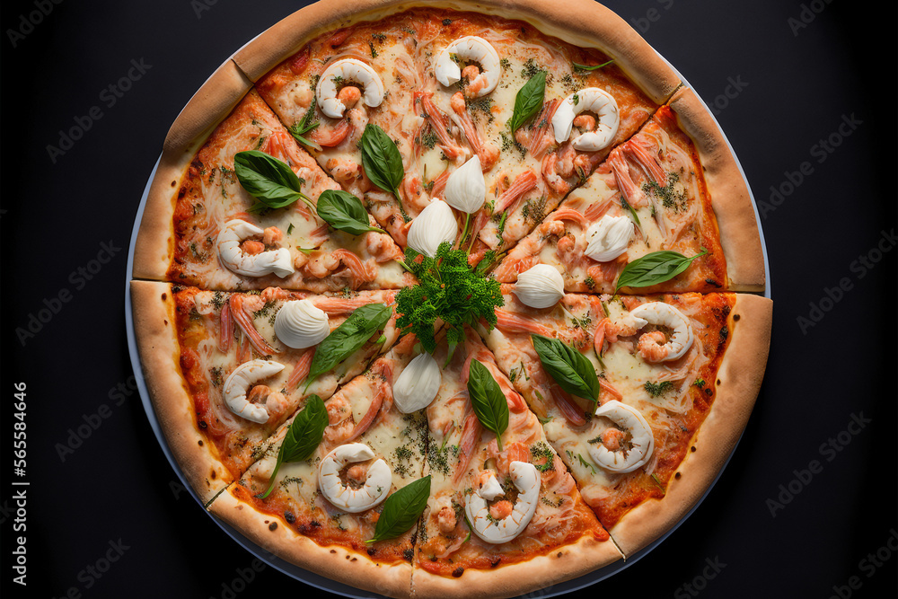 Seafood Pizza, Tomato sauce, mozzarella cheese, shrimp, crab, herbs