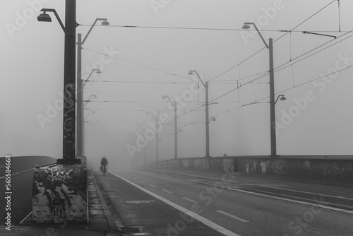 Bridge in the fog, the Treskowbrück in Berlin Oberschoeneweide in the fog, a bridge wrapped in fog, treskow bridge, schöneweide, berlin, Black and white photo