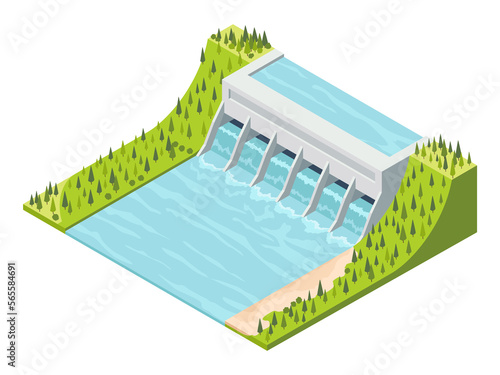 Hydro power isometric. Hydroelectric power plant. Alternative energy concept, factory electric. Water power station dam on the river. illustration