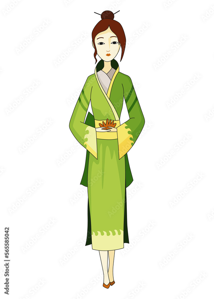 Japanese girl standing in kimono. Women in traditional style costume. Full length portrait of typical Japanese geish Japanese girl standing in kimono. Women in traditional style costume. Full length portrait of typical Japanese geish