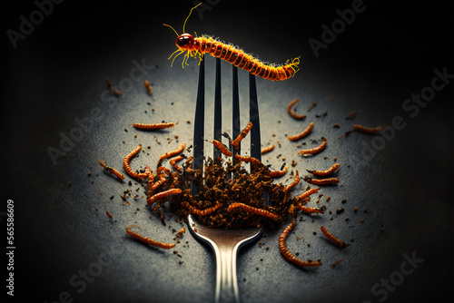 Fried edible insects on the fork. Mealworms as snack, good source of protein. Entomophagy, insectivory concept. Close up view. Generative AI. © Kassiopeia 