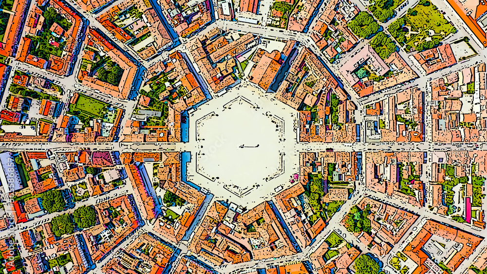 Color sketch in cartoon style. Palmanova, Udine, Italy. An exemplary fortification project of its time was laid down in 1593, Aerial View
