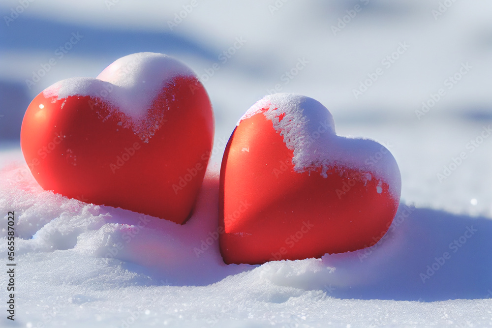 Fototapeta premium Two tiny red hearts nestled together on a snowy surface dotted with snowflakes. Valentine Background