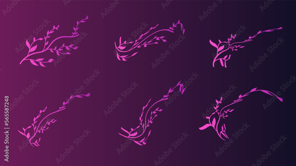Set of branch purple gradient of a plant with leaves and a silhouette of a bird for a beauty salon