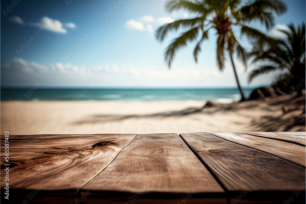 Empty wooden table on tropical beach background. AI generated.