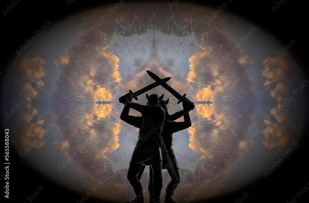 Two Vikings with swords, fighting back to back in front of gigantic Eye of the Universe, fantasy epic theme, Old Norse Gods - obrazy, fototapety, plakaty 
