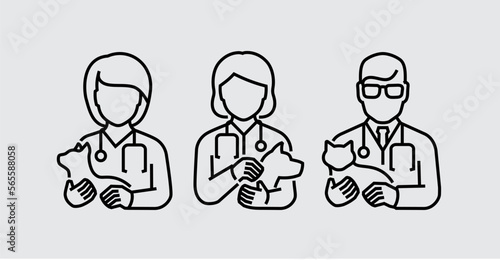 Veterinarian Avatar with Cat Dog Vector Line Icons