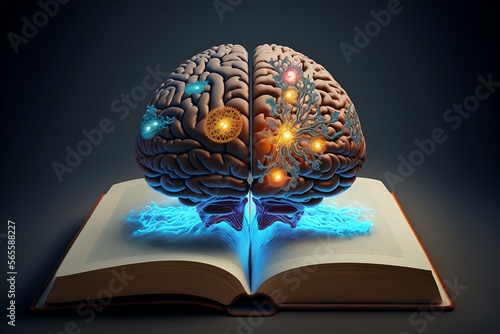 Creative Brain in book showing technology, ai generative artwork