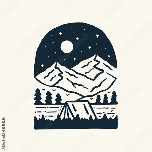 Camping under star and wild mountain hand drawing vector illustration