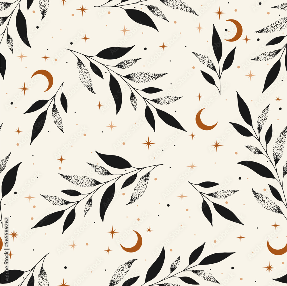 Magic seamless vector pattern with plants, stars, crescent. Boho pattern for astrology, textiles, wrapping paper, design.