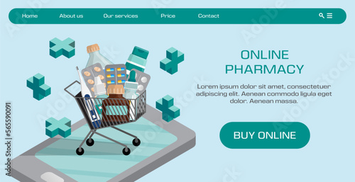 Online pharmacy landing. Drugs shop. Hand with phone. Hospital delivery of remedy pills. Drugstore website interface. Shopping cart on smartphone screen. Vector current design template