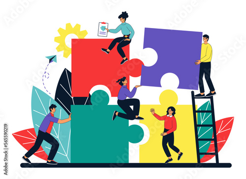 Business concept, team work, people connect huge puzzle. Partnership and cooperation in teamwork, building pieces together, creative professional challenge. Vector illustration tidy