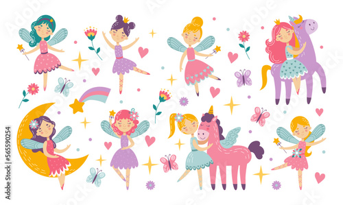 Ballerina girls. Rainbow and unicorn, pink fairy princess. Kids characters, childish doodle style set with moon, stars and magic wand. Nursery decor elements. Vector cartoon tidy illustration