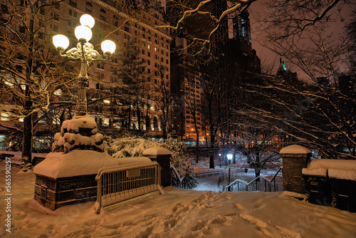 Photography Central Park in winter , snow night