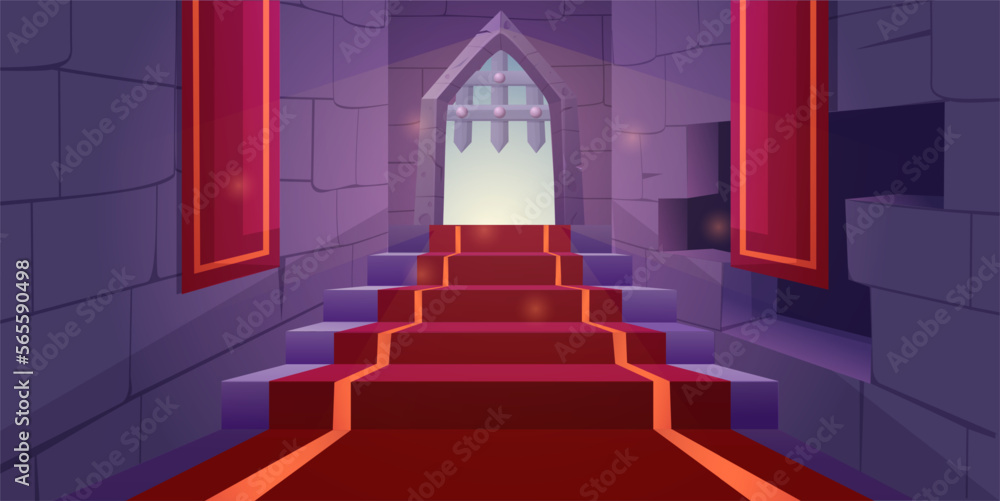 Brick castle wall. Dungeon stairs. Medieval interior with window and ...