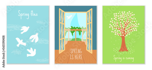 Spring flower windows. Fancy curtains. Fresh and open balcony door. Season life mood. Blossom weather. Day landscape. Flying birds. Blooming tree. Vector illustration utter posters set
