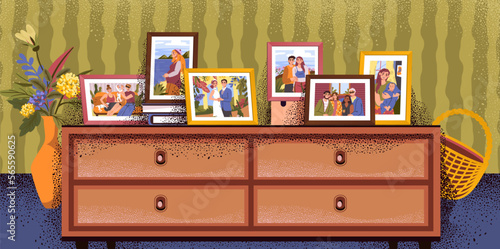 Photo frames. Family portraits. Happy parents with child and granny. Pictures on commode. Home interior. Husband and wife snapshots. Photography frameworks. Vector exact illustration
