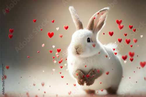 Beautiful bunny rabbit with red hearts