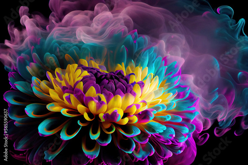 Chrysanthemum flowers in psychedelic ultraviolet colours. Digitally generated AI image.