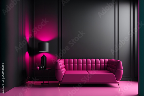 Lounge in black and magenta color Blank empty dark room interior. Design in minimalist luxury style living or reception, Generative AI