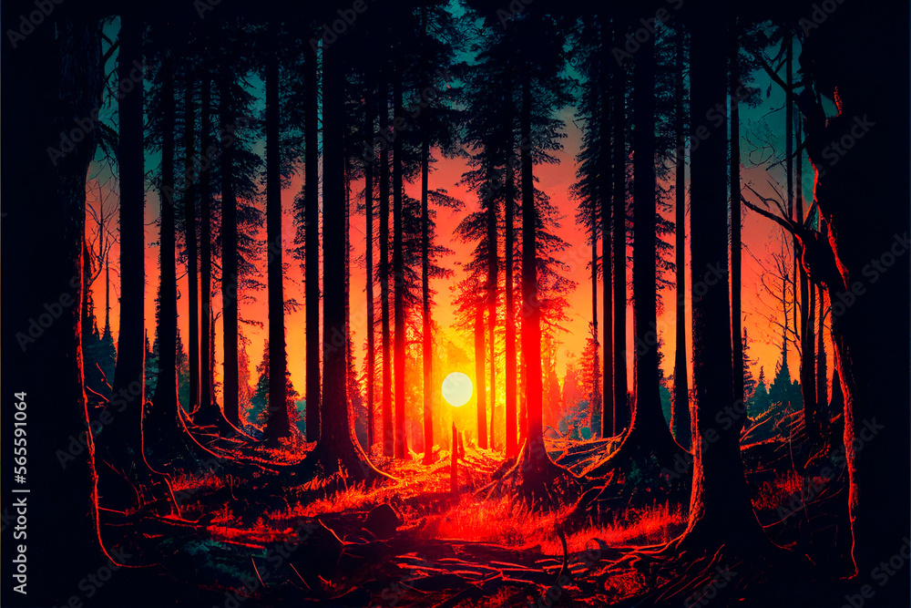 Obraz premium Beautiful sunset in the forest generative AI