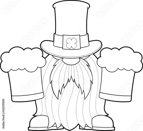 Outlined St. Patrick's Day Gnome Cartoon Character Holds Mugs With Beers. Vector Hand Drawn Illustration Isolated On Transparent Background