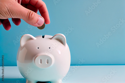 Eine Hand steckt eine Münze zum sparen in ein Sparschwein. Finanz- und Geldeinlagenkonzept - Generative Ai  photo