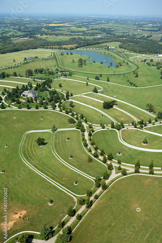 Aerial view of horse farm outside Lexington, KY.