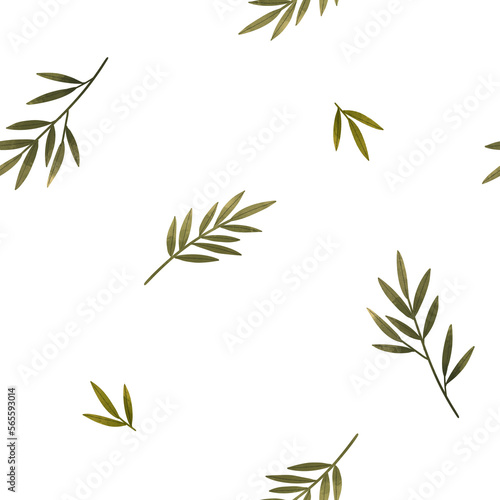 Green Olive Leaves Branch Watercolor Seamless Pattern