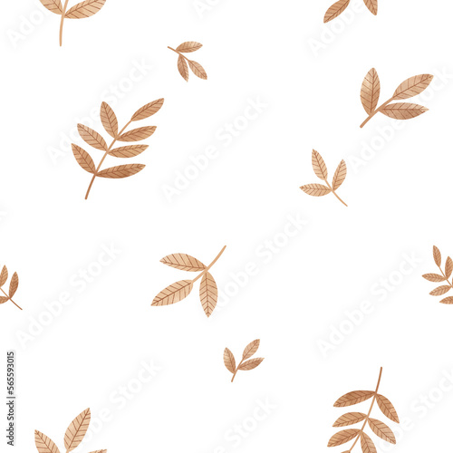 Brown Autumn Fall Leaves Branch Watercolor Seamless Pattern