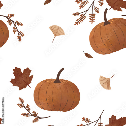 Brown Pumpkin Autumn Fall Leaves Watercolor Seamless Pattern