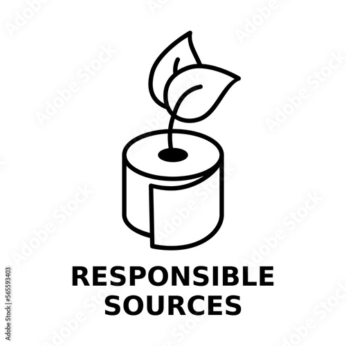 Toilet paper from responsible sources. Environmental friendly production. Sustainable resources. Tissue paper roll with a leaves. Organic ecological product. Vector illustration, line icon, clip art. 