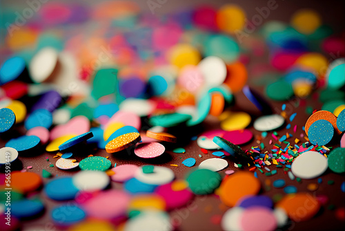 Closeup of colorful confetti for carnival. Closeup macro shot of bright vibrant colored confetti.