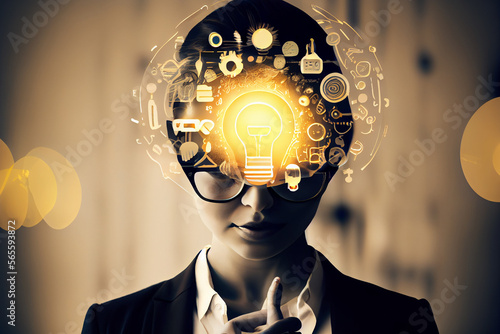 Frau im Business Anzug mit einer Glühbirne hat eine Vision von einer Geschäftsidee - Generative Ai
