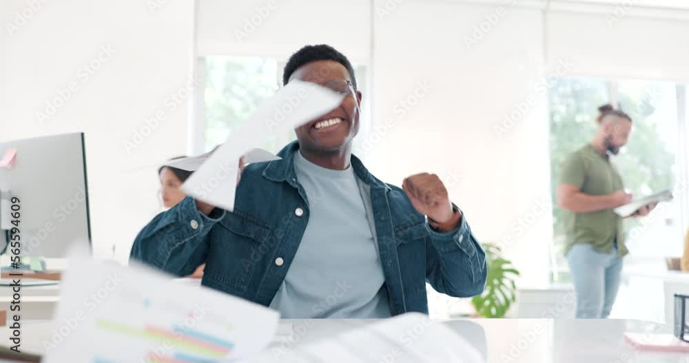 Celebration, dance and black man throw paper in office to celebrate ...