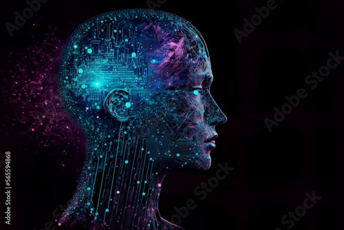 Woman's head with a circuit board in the shape of a brain, representing the fusion of technology and human in cyberpunk aesthetic. Generative AI photo